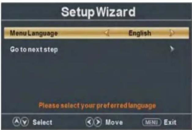 Setup Wizard Menu Language English Go to next step Please select your preferred language Select Move MENU Exit