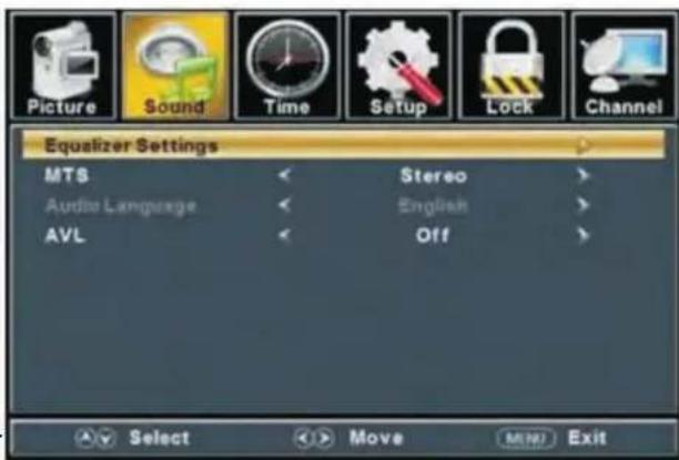 Picture Sound Time Setup Lock Channel Equalizer Settings MTS Stereo Audio Language English AVL Off Select Move MENU Exit