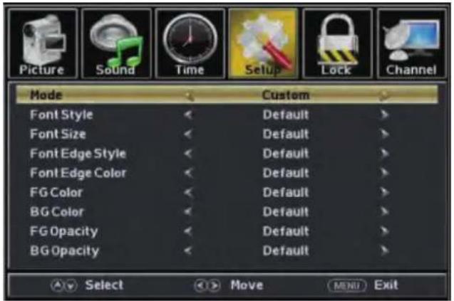 Picture Sound Time Setup Lock Channel Mode Custom Font Style Default Font Size Default Font Edge Style Default Font Edge Color Default FG Color Default BG Color Default FG Opacity Default BG Opacity Default Select Move MENU Exit