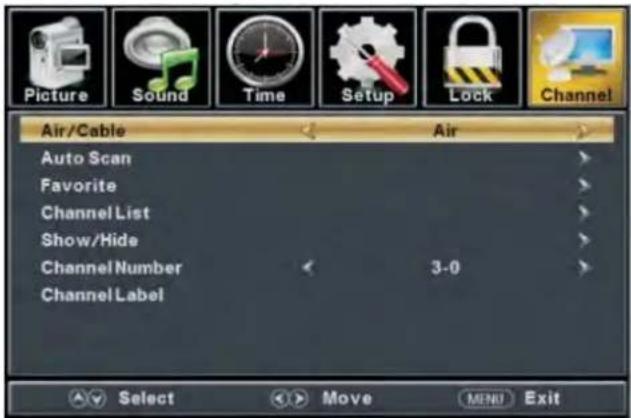 Picture Sound Time Setup Lock Channel Air/Cable Air Auto Scan Favorite Channel List Show/Hide Channel Number 3-0 Channel Label Select Move MENU Exit