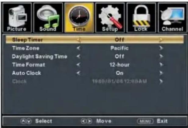 Picture Sound Time Setup Lock Channel Sleep Timer Off Time Zone Pacific Daylight Saving Time Off Time Format 12-hour Auto Clock On Clock 1980/01/06 12:08AM Select Move MENU Exit