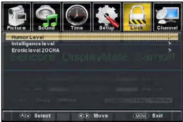 Picture Sound Time Setup Lock Channel Humor Level Intelligence level Erotic level 20CHA Select Move MENU Exit