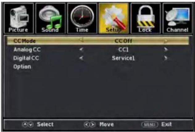 Picture Sound Time Setup Lock Channel CC Mode CC Off Analog CC CC1 Digital CC Service1 Option Select Move MENU Exit