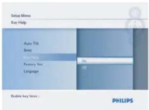 Setup Menu Key Help Auto Tilt Beep Auto Help Factory Size Language On On Enable key links: PHILIPS