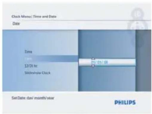 Clock Menu | Time and Date Date Time 12/04 hr Sindshajve Clock 01/01/08 Set Date: day/ month/year PHILIPS