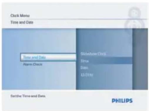 Clock Menu Time and Date Time and Data Alerts Clock Slidehow Clock Title Data 12/30y Set the Time and Date. PHILIPS