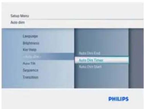 Setup Menu Auto dim Language Brightness Key Help Auto dim Auto Tile Sequence Transition Auto Dins End Auto Dins Timer Auto Dice Start PHILIPS