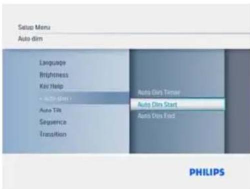 Setup Menu Auto dim Language Brightness Key Help • Auto Dim 1 Auto Tile Sequence Transition Auto Dim Terrier Auto Dim Start Auto Dim End PHILIPS