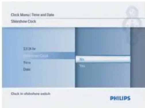 Clock Menu | Time and Date Slingshow Clock 12/24 for Time Date No Yes Clock to officehome switch PHILIPS
