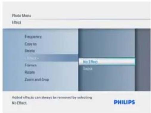 Photo Menu Effect Frequency Copy to Delete Effect - No Effect Frames Rotate Zoom and Crop Bopia Added effects can always be removed by selecting No Effect. PHILIPS