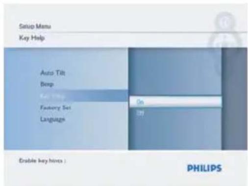 Setup Menu Key Help Auto Tilt Deep Key Help Factory Set Language On On Enable key hints : PHILIPS