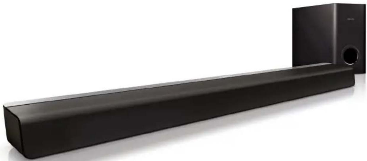 Black audio streaming device with a speaker tower and sound block (no text or symbols visible)