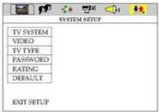 SYSTEM SETUP TV SYSTEM VIDEO TV TYPE PASSWORD RATING DEFAULT EXIT SETUP