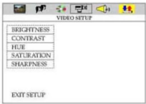 VIDEO SETUP BRIGHTNESS CONTRAST HUE SATURATION SHARPNESS EXIT SETUP