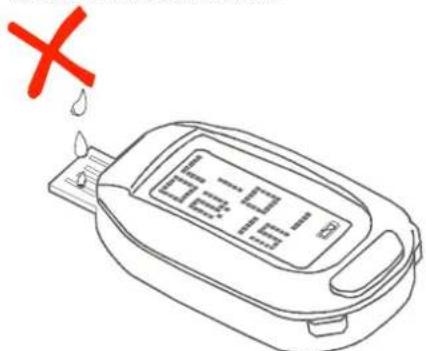 Diagram of a blood glucose meter with red X mark indicating blood glucose level, showing measurement display and drop symbol