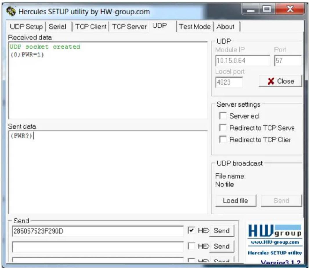 Hercules SETUP utility by HW-group.com UDP Setup | Serial | TCP Client | TCP Server | UDP | Test Mode | About | Received data UDP socket created (0;PWR=1) Sent data (PWR?) | UDP Module IP Port 10.15.0.64 57 Local port 4023 × Close Server settings □ Server ecl □ Redirect to TCP Serve □ Redirect to TCP Clier UDP broadcast File name: No file Load file Send Send 285057523F290D ✓ HE> Send □ HE> Send □ HE> Send HW group www.HW-group.com Hercules SETUP utility Version3.1.2