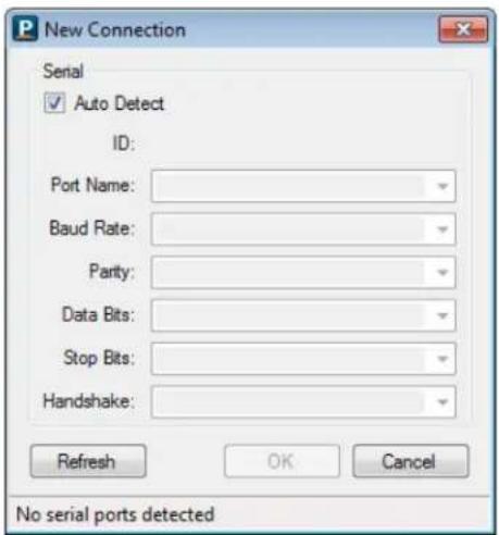 New Connection Serial ✓ Auto Detect ID: Port Name: Baud Rate: Parity: Data Bits: Stop Bits: Handshake: Refresh OK Cancel No serial ports detected