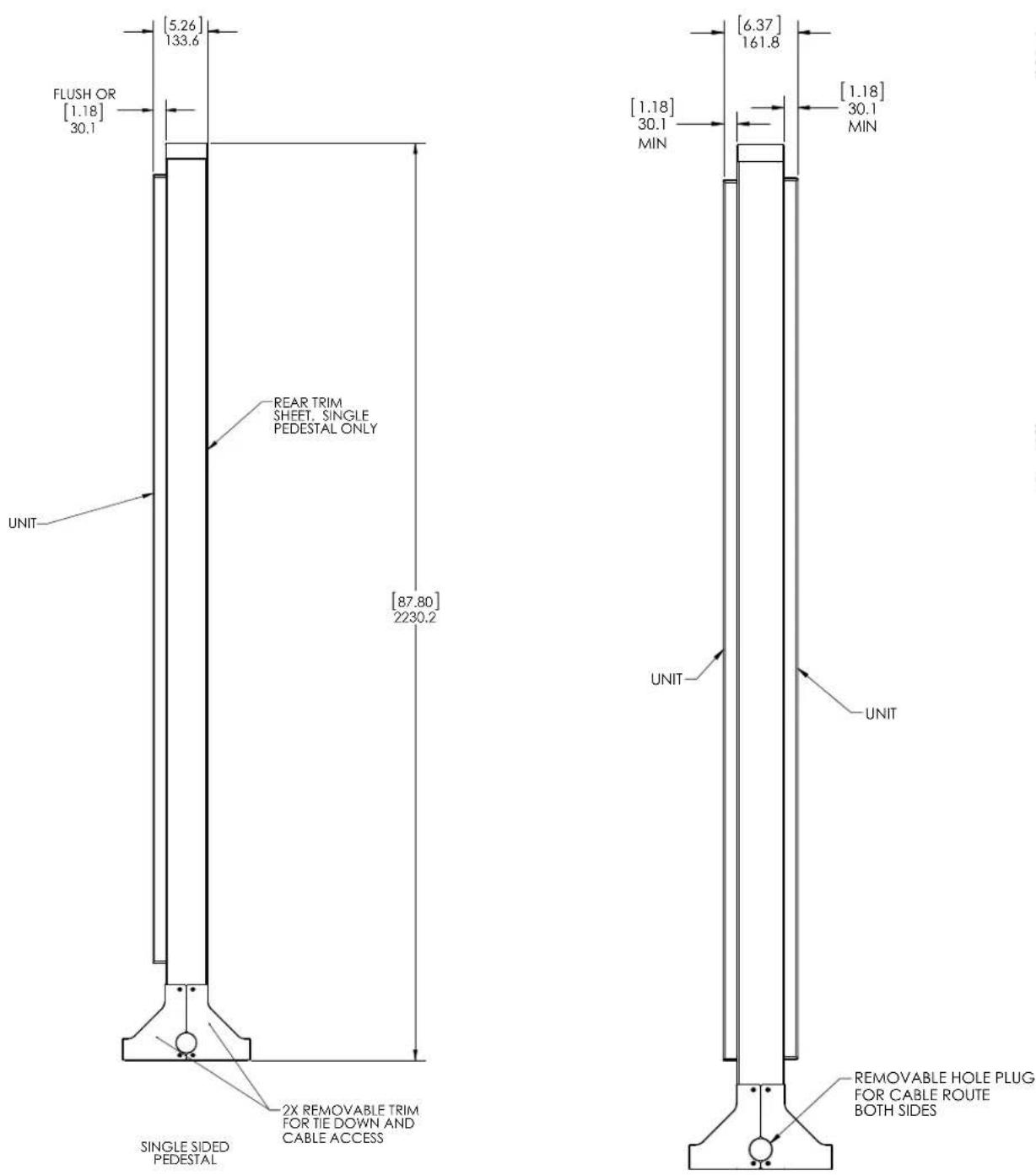 [5.26] 133.6 FLUSH OR [1.18] 30.1 UNIT REAR TRIM SHEET, SINGLE PEDESTAL ONLY [87.80] 2230.2 [SINGLE SIDED PEDESTAL] 2X REMOVABLE TRIM FOR TIE DOWN AND CABLE ACCESS UNIT UNIT [6.37] 161.8 [1.18] 30.1 MIN [1.18] 30.1 MIN REMOVABLE HOLE PLUG FOR CABLE ROUTE BOTH SIDES