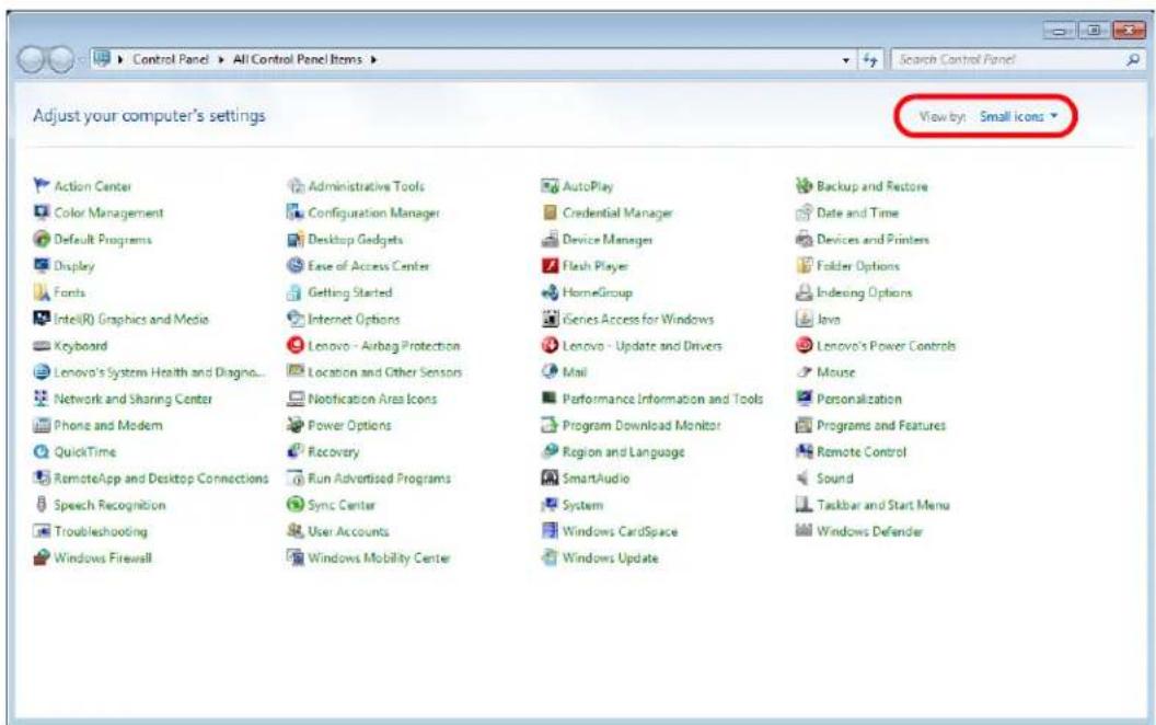 Control Panel > All Control Panel Items Search Control Panel Adjust your computer's settings View by: Small icons Action Center Color Management Default Programs Display Fonts Intel(R) Graphics and Media Keyboard Lenovo's System Health and Diagno... Network and Sharing Center Phone and Modem QuickTime RemoteApp and Desktop Connections Speech Recognition Troubleshooting Windows Firewall Administrative Tools Configuration Manager Desktop Gadgets Ease of Access Center Getting Started Internet Options Lenovo - Airbag Protection Location and Other Sensors Notification Area Icons Power Options Recovery Run Advertised Programs Sync Center User Accounts Windows Mobility Center AutoPlay Credential Manager Device Manager Flash Player HomeGroup iSeries Access for Windows Lenovo - Update and Drivers Mail Performance Information and Tools Program Download Monitor Region and Language SmartAudio System Windows CardSpace Windows Update Backup and Restore Date and Time Devices and Printers Folder Options Indexing Options Java Lenovo's Power Controls Mouse Personalization Programs and Features Remote Control Sound Taskbar and Start Menu Windows Defender