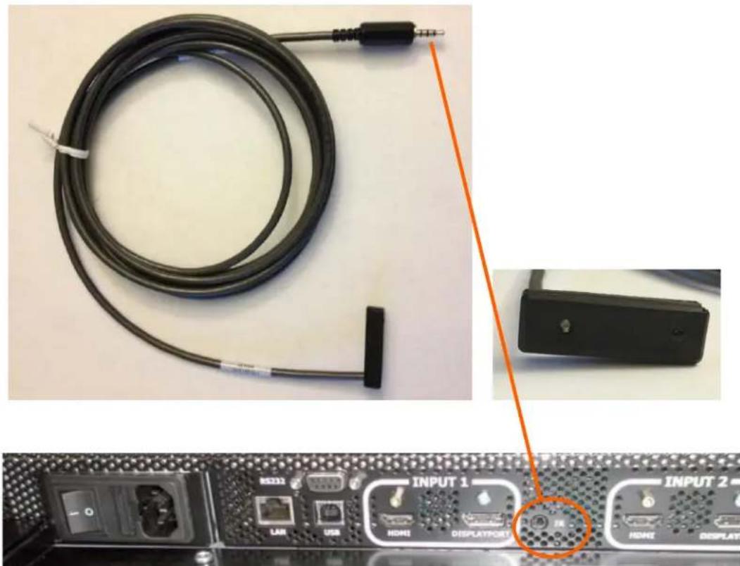 Image showing a black cable with connector, an orange arrow pointing to a device labeled 'INPUT 1', and a close-up of the internal network interface with ports like LAN, USB, HDMI, and DISPLAYPORT.