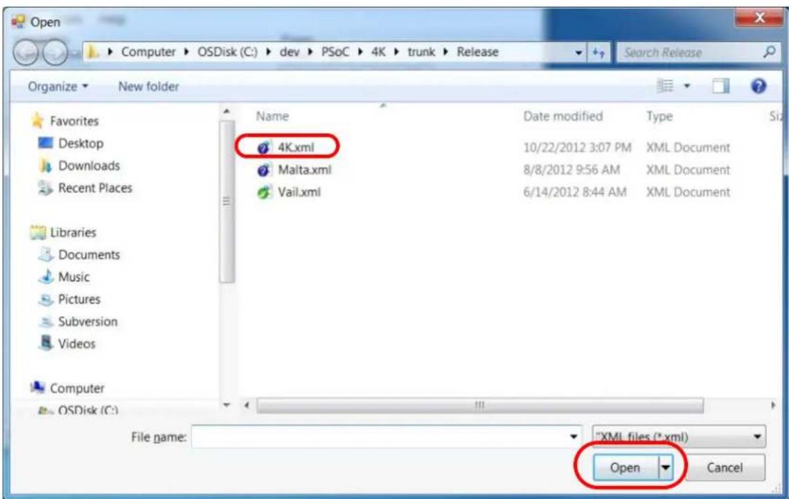 Open Computer > OSDisk (C:) > dev > PSoC > 4K > trunk > Release Organize > New folder Favorites Desktop Downloads Recent Places Libraries Documents Music Pictures Subversion Videos Computer OSDisk (C:) Name Date modified Type Size 4K.xml 10/22/2012 3:07 PM XML Document Malta.xml 8/8/2012 9:56 AM XML Document Vail.xml 6/14/2012 8:44 AM XML Document File name: ""XML files (*.xml) Open Cancel