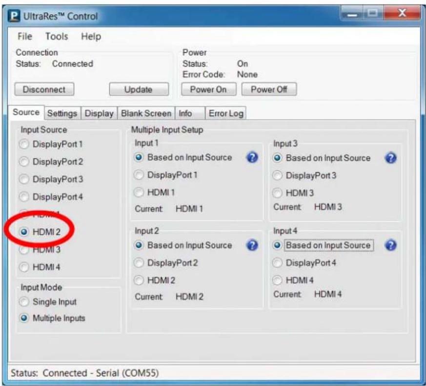 UltraRes™ Control File Tools Help Connection Status: Connected Power Status: On Error Code: None Disconnect Update Power On Power Off Source Settings Display Blank Screen Info Error Log Input Source DisplayPort 1 DisplayPort 2 DisplayPort 3 DisplayPort 4 HDMI 1 HDMI 2 HDMI 3 HDMI 4 Input Mode Single Input Multiple Inputs Multiple Input Setup Input 1 Based on Input Source DisplayPort 1 HDMI 1 Current HDMI 1 Input 3 Based on Input Source DisplayPort 3 HDMI 3 Current HDMI 3 Input 2 Based on Input Source DisplayPort 2 HDMI 2 Current HDMI 2 Input 4 Based on Input Source DisplayPort 4 HDMI 4 Current HDMI 4 Status: Connected - Serial (COM55)