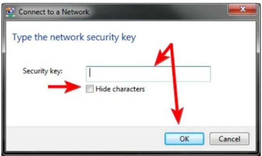 Connect to a Network Type the network security key Security key: Hide characters OK Cancel
