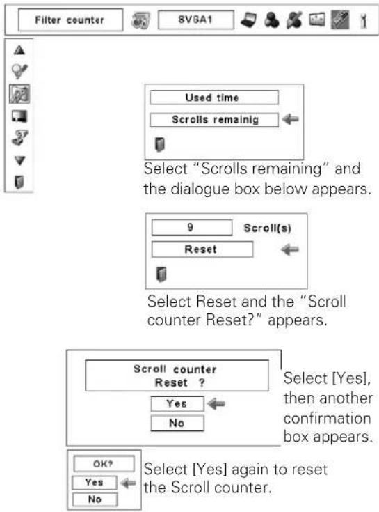 Filter counter 8VGA1 Used time Scrolls remaining Select "Scrolls remaining" and the dialogue box below appears. 9 Scroll(s) Reset Select Reset and the "Scroll counter Reset?" appears. Scroll counter Reset ? Yes No Select [Yes], then another confirmation box appears. OK? Yes No Select [Yes] again to reset the Scroll counter.