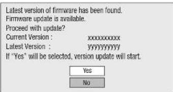 Latest version of firmware has been found. Firmware update is available. Proceed with update? Current Version : xxxxxxxxxxxx Latest Version : yyyyyyyyyyyy If "Yes" will be selected, version update will start. Yes No