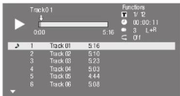 Track01 0:00 5:16 Functions 1/12 00:00:11 3 L+R Off 1 Track 01 5.16 2 Track 02 5.10 3 Track 03 5.23 4 Track 04 5.03 5 Track 05 4.44 6 Track 06 5.08
