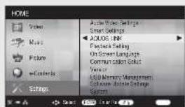 HOME Video Music Picture eMaterials Settings Action Video Settings Smart Settings ACIOS LINK Playback Setting On Screen Language Communication Setup Vendor LED Memory Management Software Tools Settings System