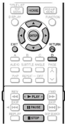 TITLE LIST TOP MENU HOME POP-UP MENU DISPLAY FUNCTION ENTER EXIT RETURN A B C D AUDIO SUBTITLE ANGLE PAGE POP REPEAT - OFF REV PLAY FWD SKIP FAUSE REPLAY STOP SKIP SEARCH