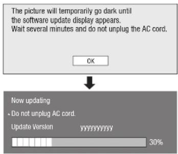 The picture will temporarily go dark until the software update display appears. Wait several minutes and do not unplug the AC cord. OK Now updating • Do not unplug AC cord. Update Version yyyyyyyyyy 30%