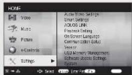 HOME Voice Music Picture e-Controls Settings Action Mode Settings Smart Settings ACLOS LINK Playback Setting On Screen Language Communication Status Sensor USB Memory Management Software Tools Settings Security