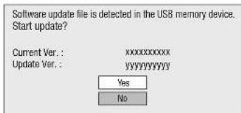 Software update file is detected in the USB memory device. Start update? Current Ver. :XXXXXXXXXX Update Ver. :YYYYYYYY Yes No
