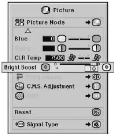 Picture Picture Mode Blue 0 Sharp CLR Temp 7500 Bright Boost C.M.S. Adjustment Reset Signal Type