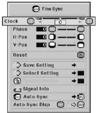 Fine Sync Clock -150 0 +150 Phase 0 H-Pos 0 V-Pos 0 Reset Save Setting → Select Setting → Signal Info → Auto Sync → Auto Sync Disp →