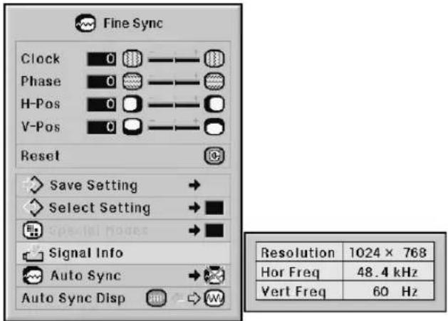 Fine Sync Clock 0 Phase 0 H-Pos 0 V-Pos 0 Reset Save Setting → Select Setting → ■ Signal Info Auto Sync → Auto Sync Disp → W Resolution 1024 × 768 Hor Freq 48.4 kHz Vert Freq 60 Hz