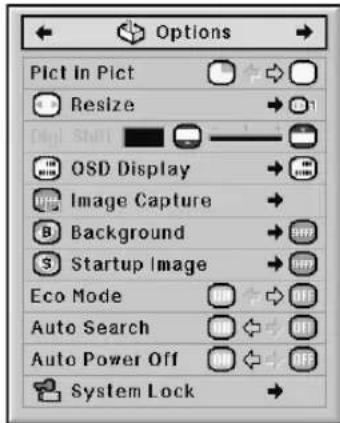 Options Pict In Pict Resize OSD Display Image Capture Background Startup Image Eco Mode Auto Search Auto Power Off System Lock