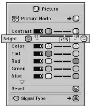 Picture Picture Mode Contrast 0 Bright -30 +15 Color 0 Tint 0 Red 0 Green 0 Blue 0 Reset Signal Type