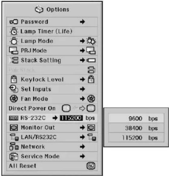 Options Password → Lamp Timer (Life) Lamp Mode → PRJ Mode → Stack Setting → Keylock Level → Set Inputs → Fan Mode → Direct Power On → RS-232C → 115200 bps Monitor Out → LAN/RS232C → Network → Service Mode → All Reset 9600 bps 38400 bps 115200 bps