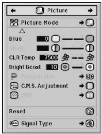 Picture Picture Mode Blue 0 Sharp CLR Temp 7500 Bright Boost 10 3D C.M.S. Adjustment Reset Signal Type