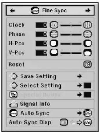 Fine Sync Clock 0 Phase 0 H-Pos 0 V-Pos 0 Reset Save Setting → Select Setting → Signal Info Auto Sync → Auto Sync Disp