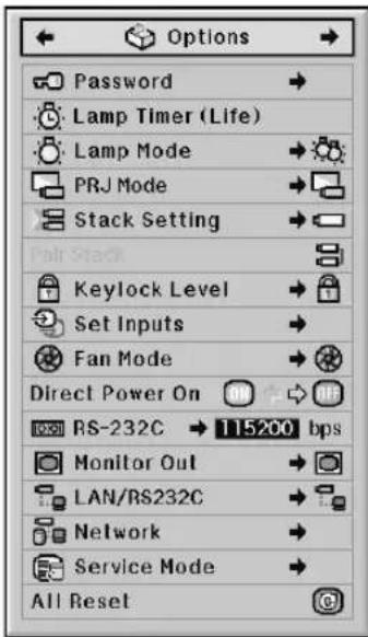 Options Password Lamp Timer (Life) Lamp Mode PRJ Mode Stack Setting Keylock Level Set Inputs Fan Mode Direct Power On RS-232C → 115200 bps Monitor Out LAN/RS232C Network Service Mode All Reset