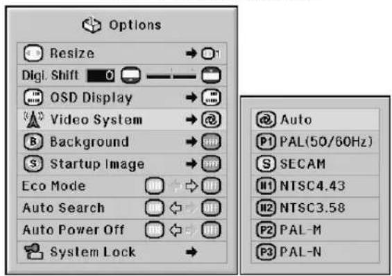 Options Resize → Digi. Shift 0 —— OSD Display → Video System → Background → Startup Image → Eco Mode → Auto Search ← Auto Power Off ← System Lock → @ Auto P1 PAL(50/60Hz) SECAM H1 NTSC4.43 H2 NTSC3.58 P2 PAL-M P3 PAL-N
