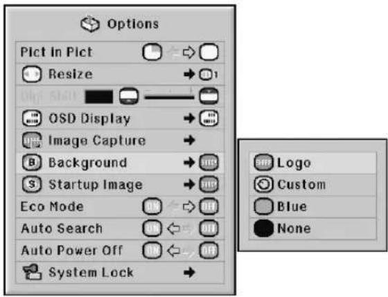 Options Pict in Pict Resize OSD Display Image Capture Background Startup Image Eco Mode Auto Search Auto Power Off System Lock Logo Custom Blue None