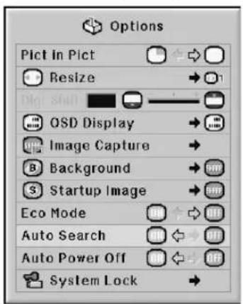 Options Pict in Pict Resize Pixel Shell OSD Display Image Capture Background Startup Image Eco Mode Auto Search Auto Power Off System Lock