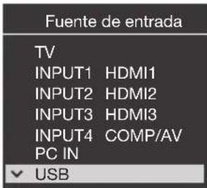 Fuente de entrada TV INPUT1 HDMI1 INPUT2 HDMI2 INPUT3 HDMI3 INPUT4 COMP/AV PC IN USB