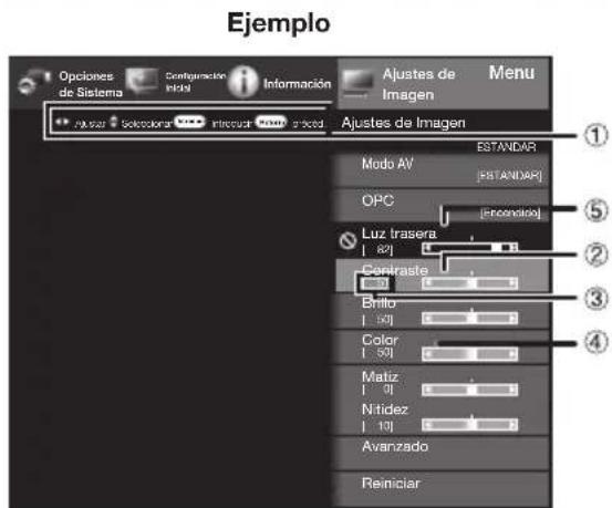 Ejemplo Opciones de Sistema Configuración H201 Información Ajustes de Imagen Menu Ajustes de Imagen Modo AV ESTANDAR [ESTANDAR] OPC [Encendado] Luz trasera [82] Contraste 3 Brillo [89] Color [89] Matiz [0] Ntidez [10] Avanzado Remiciar