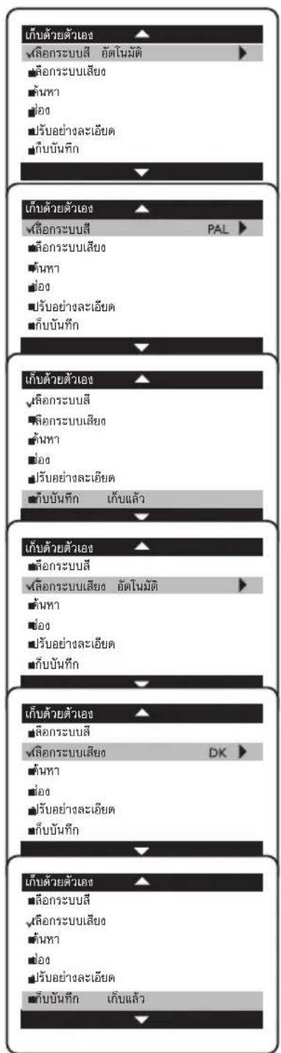 เก็บด้วยตัวเอง √เลือกระบบสี ยัตโนมัติ ■เลือกระบบเสียง ■จันหา ■ช่อง ■ปรับอย่างละเอียด ■ก็บบันทึก เก็บด้วยตัวเอง √เลือกระบบสี PAL ■เลือกระบบเสียง ■จันหา ■ช่อง ■ปรับอย่างละเอียด ■ก็บบันทึก เก็บแล้ว เก็บด้วยตัวเอง √เลือกระบบสี ■เลือกระบบเสียง ยัตโนมัติ ■จันหา ■ช่อง ■ปรับอย่างละเอียด ■ก็บบันทึก เก็บด้วยตัวเอง √เลือกระบบสี DK ■เลือกระบบเสียง ■จันหา ■ช่อง ■ปรับอย่างละเอียด ■ก็บบันทึก เก็บด้วยตัวเอง ■เลือกระบบสี √เลือกระบบเสียง ■จันหา ■ช่อง ■ปรับอย่างละเอียด ■ก็บบันทึก เก็บแล้ว